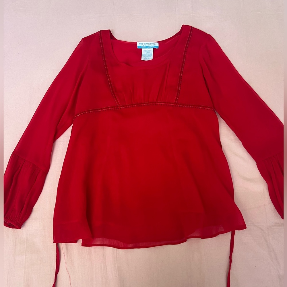 Y2K Beaded Red Long-Sleeve Peasant Blouse